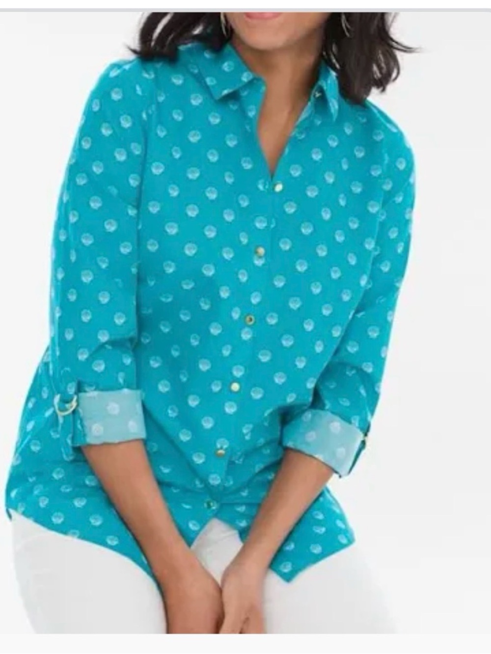 Chico's 4 Non-iron blue shell button down gold button roll arm coastal blouse